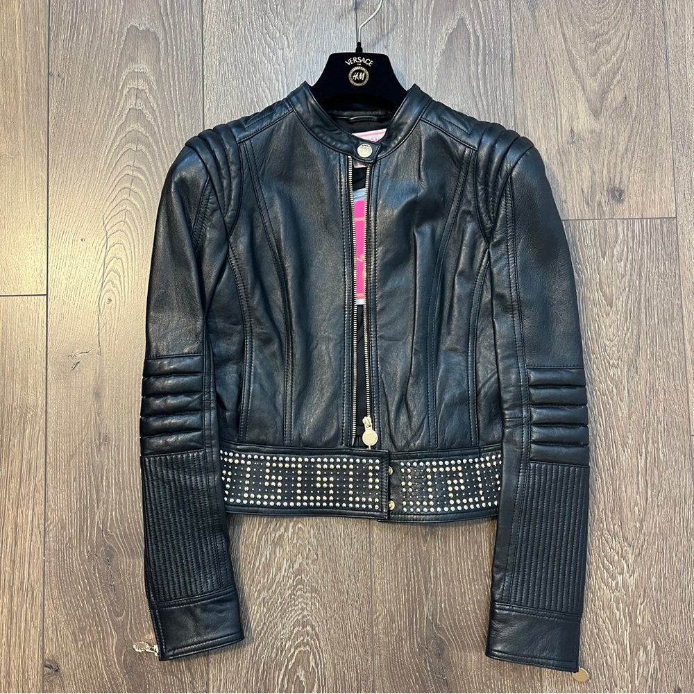 Versace for H&M Black Gold Studded Zipper Leather Jacket US Size 6